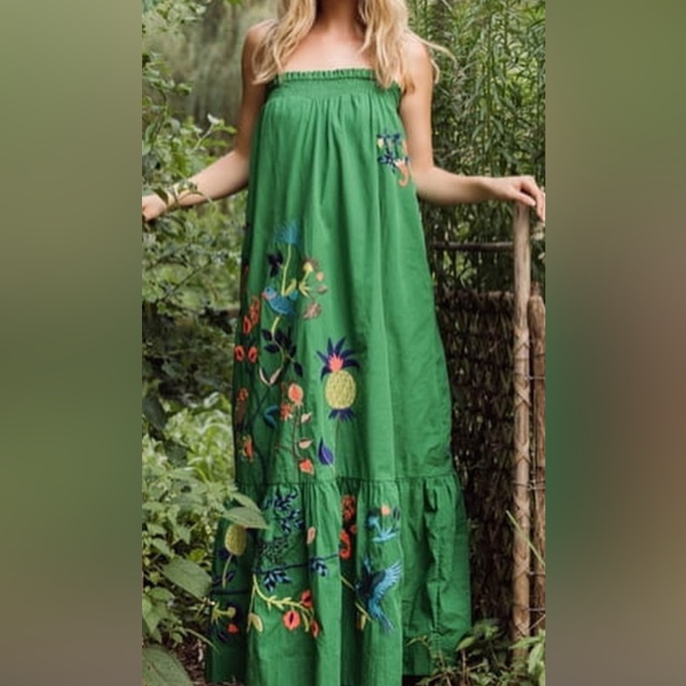 Anthropologie Ruffled Floral Embroidered Caribbean design Maxi Dress XS